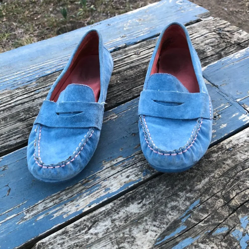 Womens Blue Suede Penny Loafers Moccasins, Size 9.5M